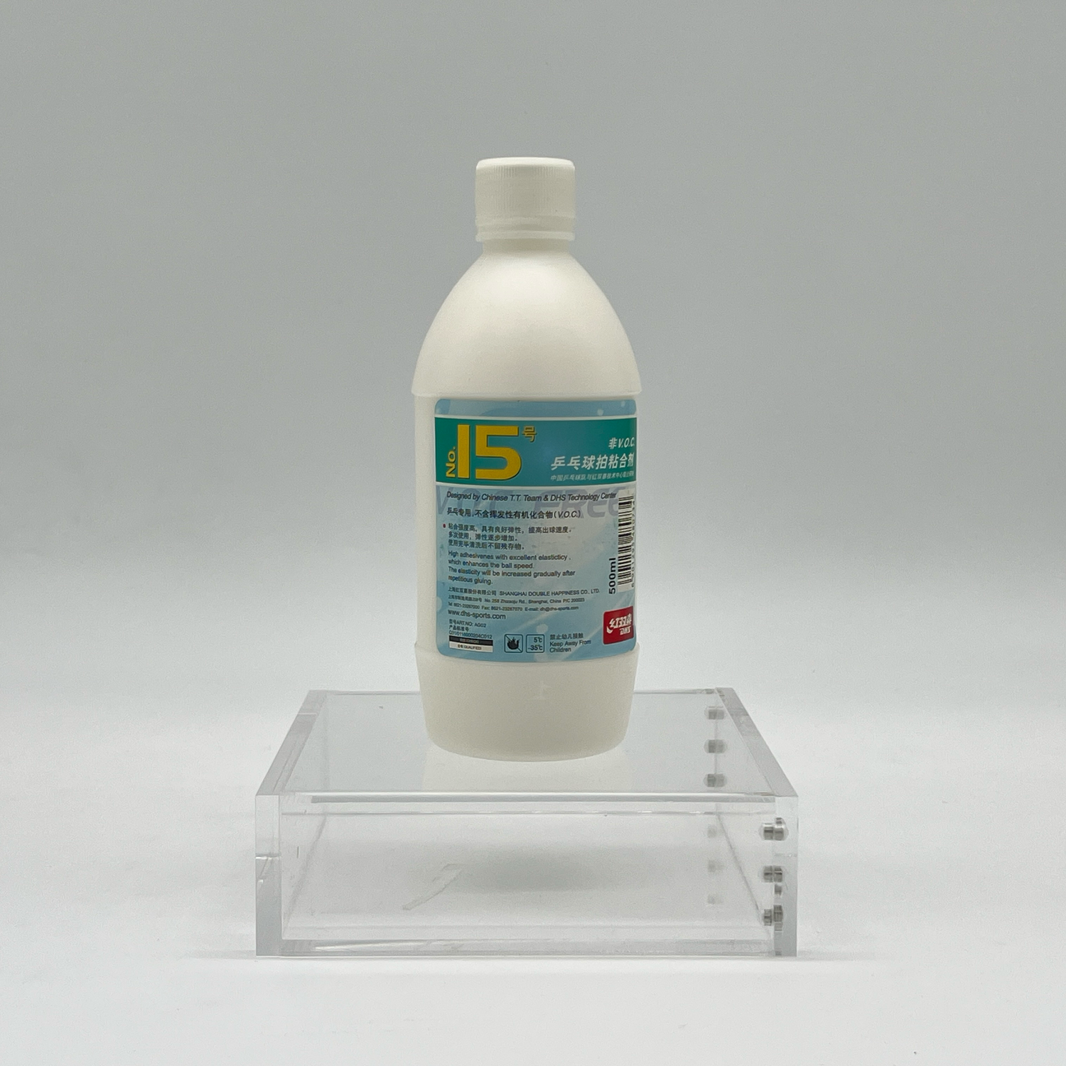 紅双喜 No.15号 水溶性接着剤のパッケージ画像。緑色のボトルで卓球ラバーの貼り付けに使用される接着剤です。